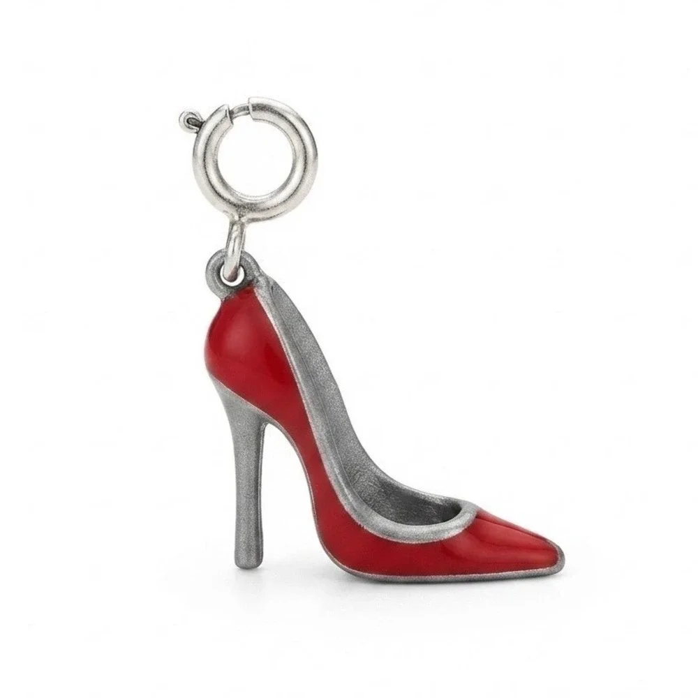 Red Enamel High Heel Stiletto Pump Charm Silver Tone Metal Spring Ring Clasp